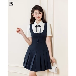 Đầm nữ Twentyfive dáng ngắn xếp ly vạt, phối cổ yếm cài nơ tiểu thư DH108