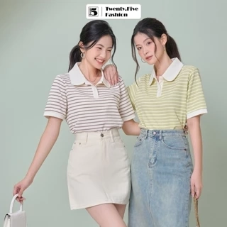 Áo thun nữ Twentyfive có cổ dáng suông rộng ngắn họa tiết kẻ ngang vải mắt chim thấm hút 4827