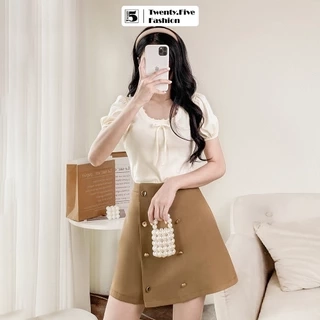 Áo thun nữ Twentyfive ngắn tay, dáng ngắn, cổ phối ren, có nơ ngực AH56