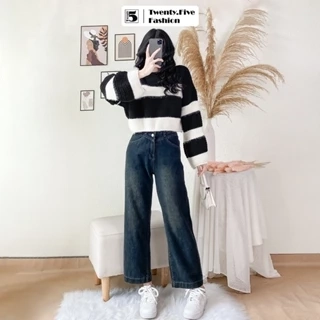 Quần jeans nữ Twentyfive ống rộng cạp cao tôn dáng cúc đôi 5275