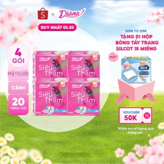Bộ 4 gói băng vệ sinh Diana siêu thấm siêu mỏng cánh 20 miếng/gói