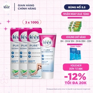 Combo 3 Kem tẩy lông Veet Pure cho da nhạy cảm, hộp lớn 100g tiết kiệm, công thức Pure cải tiến