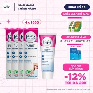 Combo 4 Kem tẩy lông Veet Pure cho da nhạy cảm, hộp lớn 100g tiết kiệm, công thức Pure cải tiến