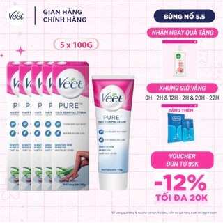 Combo 5 Kem tẩy lông Veet Pure cho da nhạy cảm, hộp lớn 100g tiết kiệm, công thức Pure cải tiến