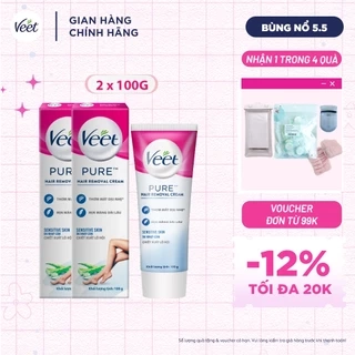 Combo 2 hộp Kem tẩy lông Veet Pure cho da nhạy cảm, 100g/hộp tiết kiệm, công thức Pure cải tiến