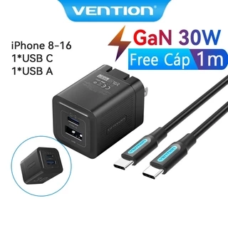 Bộ sạc GaN Vention 20W 30W Bộ sạc USB C PD + USB 2 cổng Bộ sạc chuyển đổi với QC4.0 PD USB typec Sạc nhanh Bộ sạc phích cắm US cho IP 16 Samsung Android