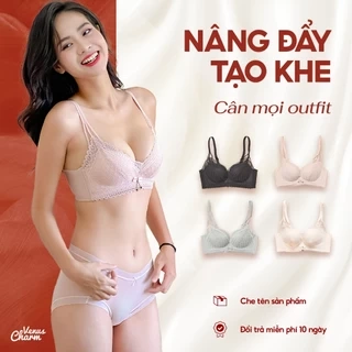 Áo lót nữ không gọng nâng đẩy tự nhiên đệm dày 3cm họa tiết ren mịn Venus Charm 9727