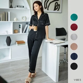 VIBES Đồ bộ Pijama dài Lụa trơn cao cấp Navy Long Py Set
