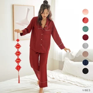 VIBES Đồ bộ Pijama dài tay Lụa trơn cao cấp Emma Long Sleeve Py Set