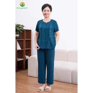 Bộ lanh mở cúc trung niên Việt Thắng, quần dài, áo cộc tay, cổ tàu thêu - B28.2401