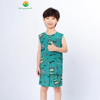 Bộ lanh tole bé trai quần đùi , áo sát nách viền cổ họa tiết thời trang Việt Thắng - B62.5020