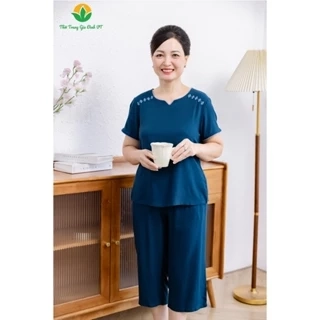 Bộ lanh tole trung niên quần lửng áo cộc tay cổ thêu vai thời trang Việt Thắng - B26.2408