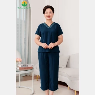 Bộ lanh trung niên mặc mùa hè Việt Thắng quần lửng, áo cộc tay cổ V thêu họa tiết - B26.5093
