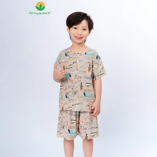 Bộ mặc nhà bé trai chất Lanh thời trang Việt Thắng quần đùi áo cộc tay cổ tròn họa tiết - B63.5002