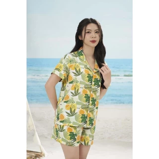 Bộ đồ lanh tole nữ quần đùi áo cộc tay họa tiết đi biển,set gia đình Thời trang gia đình VT B03.5011