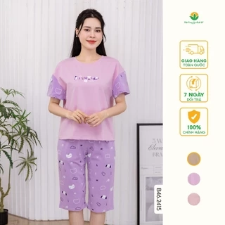 Bộ đồ mặc nhà nữ chất Cotton dệt kim thời trang Việt Thắng,quần lửng, áo cộc tay - B46.2415