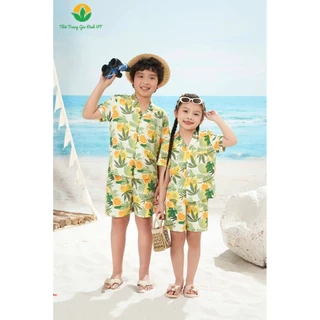 Bộ pijama lanh cho bé mùa hè Việt Thắng, bộ đi biển , bộ đồ gia đình quần đùi áo côc tay - B63.5018