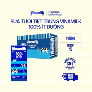 Thùng 12 hộp Sữa tươi tiệt trùng Vinamilk 100% ít đường Hộp giấy 1L