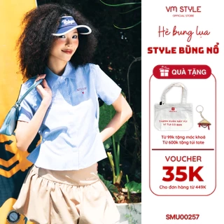 Áo Sơ Mi Nữ Tay Ngắn VM STYLE Form Lửng Họa Tiết Chữ Thêu Nổi Có Nút Chiết Eo Điều Chỉnh Độ Rộng SMU00257