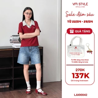 Quần jean ngố cạp cao VMSTYLE Short jean ống rộng trơn túi thêu nơ đi học, đi chơi LJU00042