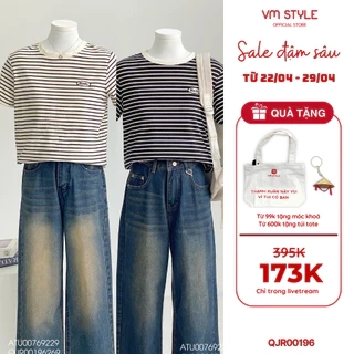 Quần jean ống rộng denim nữ VMSTYLE cạp cao trơn lai thường wash màu cao cấp basic đi học QJR00196