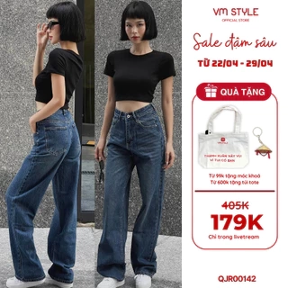 Quần jean ống rộng nữ VMSTYLE trơn cạp cao lai kiểu lua tua basic cá tính năng động đi chơi 420 - QJR00142