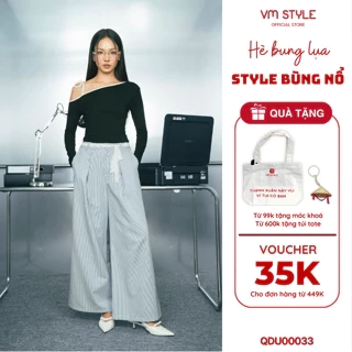 Quần Ống Rộng Họa Tiết Sọc VM STYLE Lưng Thấp Kèm Dây Cột Ren Hoa QDU00033