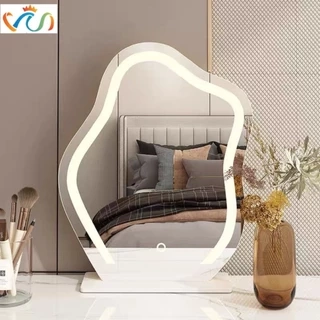 Gương hạt đậu để bàn trang điểm có viền phun cát led cảm ứng cao cấp VUADECOR (Tặng đế gỗ)