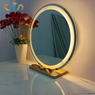 Gương tròn để bàn trang điểm có led cảm ứng cao cấp VUADECOR (Tặng đế gỗ)