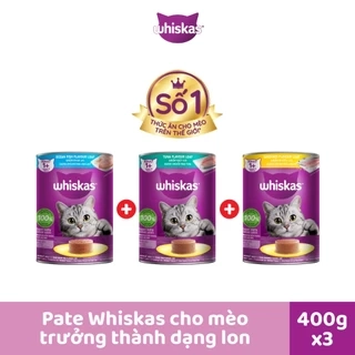 WHISKAS Combo 3 Thức Ăn Cho Mèo Trưởng Thành Dạng Pate Mix 3 Vị 400G (dạng lon)