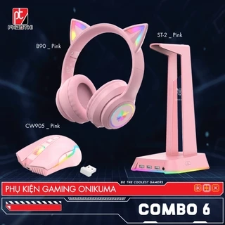 Combo Onikuma Gaming 6 (Tai nghe Không Dây B90 Pink + Chuột CW905 wireless 2.4G Pink + Giá Đỡ ST-2 Pink)