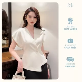 Áo nữ dáng peplum cổ V vạt lệch tay chờm vai nhiều màu đính cúc ngọc YAME AA182