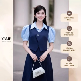 Áo nữ dáng phối yếm màu xanh ngắn tay vạt chéo thêu nơ cổ sơ mi YAME YA431