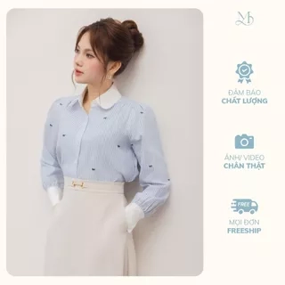 Áo sơ mi nữ dài tay màu kẻ xanh hoạ tiết nơ phối cổ và cửa tay trắng YAME YA612