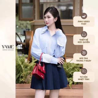 Áo sơ mi nữ kẻ xanh trắng dài tay cổ đúp túi ngực thêu nơ YAME YA434