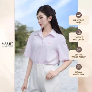 Áo sơ mi nữ ngắn tay kẻ sọc hồng pastel thêu nơ vải mềm mịn không nhăn YAME YA436