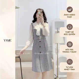 Váy dạ 2 lớp tay áo voan tơ mềm kèm đai belt màu nâu, xanh đen Chubby Dress YAME