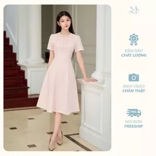 Váy nữ dài dáng xòe ngắn tay cổ tròn nhiều màu xếp ly ngực viền ren đính nơ trang trí YAME YV649