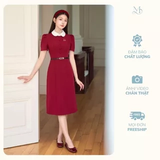 Váy nữ dáng A dài màu đỏ cổ sen trắng tay bồng thêu họa tiết trang trí đính cúc bọc YAME YV631