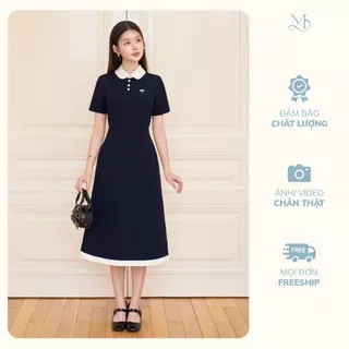 Váy nữ dáng dài cổ sen ngắn tay phối viền trắng đính cúc ngọc và nơ đá trang trí YAME YV620