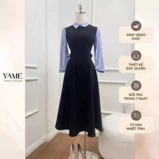 Váy nữ dáng dài màu đen phối kẻ xanh cổ sơ mi đính cúc ngọc đai eo cách điệu YAME YV530