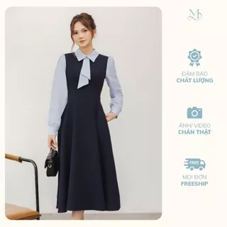 Váy nữ dáng dài màu xanh than phối sơ mi kẻ cổ đức dài tay nơ cổ cách điệu YAME YV595