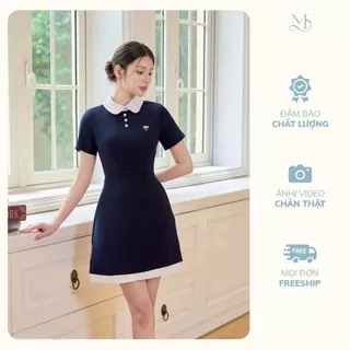 Váy nữ dáng ngắn cổ sen ngắn tay phối viền trắng đính cúc ngọc và nơ đá trang trí YAME YV626