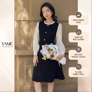 Váy nữ dáng xòe cổ tròn màu đen phối vải tơ đính nơ cổ viền ren YAME YV512