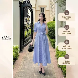 Váy nữ dáng xòe cổ đức vạt chéo chất thô kẻ màu xanh thắt nơ eo cách điệu YAME YV381