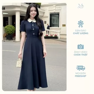 Váy nữ dáng xòe dài cổ sen ngắn tay cúc ngọc trang trí may bèo nhún ngực màu xanh và ghi YAME YV616