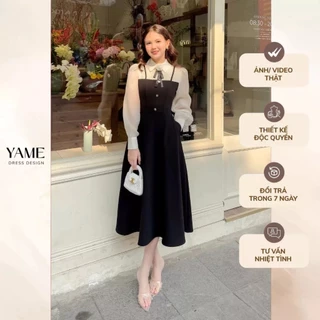 Váy nữ dáng yếm xòe màu đen phối tơ óng cổ sơ mi dài tay (không kèm hoa cài) YAME YV551