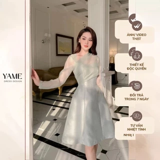 Váy nữ thiết kế cao cấp cổ lệch dài tay vải tafta phối tơ sống dáng A tinh tế, thanh lịch YAME YV272