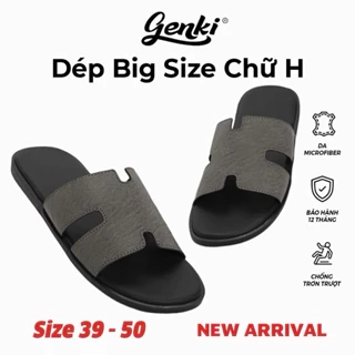 Dép Big Size Nam Genki Chữ H Quai Ngang Da Cao Cấp Màu Đen Full Đế Bằng Cao Su