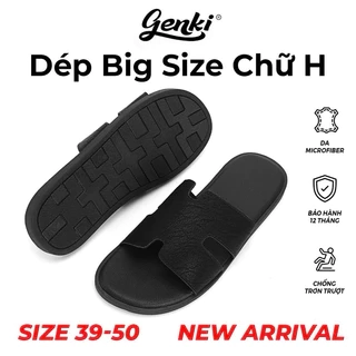 Dép Chữ H Genki Big Size Quai Ngang Da Cao Cấp Màu Full Đen Nam Đế Bằng Cao Su DéP